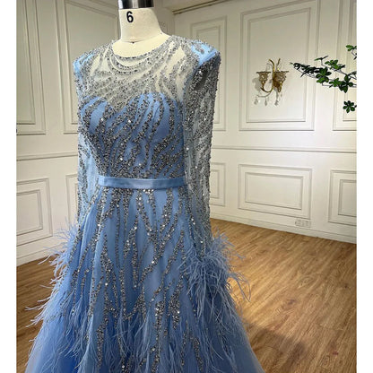 Vestidos de noche largos de lujo de Dubái, corte A, azul árabe, con plumas y cuentas, para mujer, para boda, fiesta, 2025, LA71993 