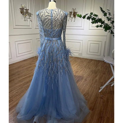 Vestidos de noche largos de lujo de Dubái, corte A, azul árabe, con plumas y cuentas, para mujer, para boda, fiesta, 2025, LA71993 