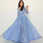 Arabic Blue A-Line Evening Dresses Gowns Luxury Beaded Long Sleeves 2025 For Woman Party LA71596