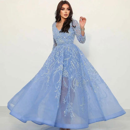 Vestidos de noche árabes azules de corte A, de lujo, con cuentas y mangas largas, para mujer, fiesta, LA71596 