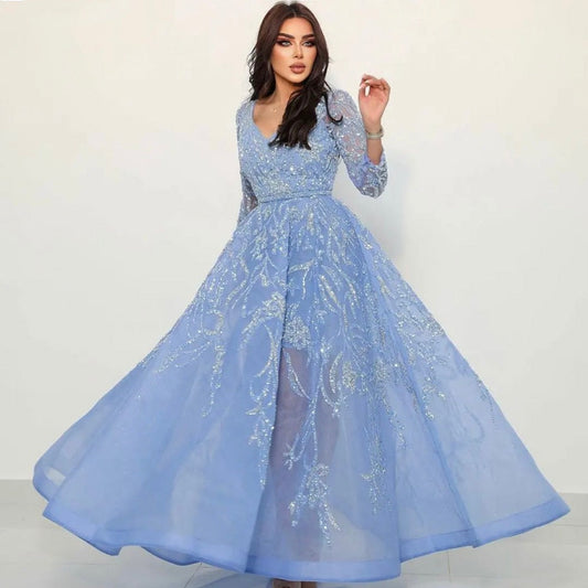 Vestidos de noche árabes azules de corte A, de lujo, con cuentas y mangas largas, para mujer, fiesta, LA71596 
