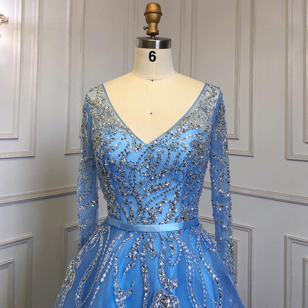 Vestidos de noche árabes azules de corte A, de lujo, con cuentas y mangas largas, para mujer, fiesta, LA71596 