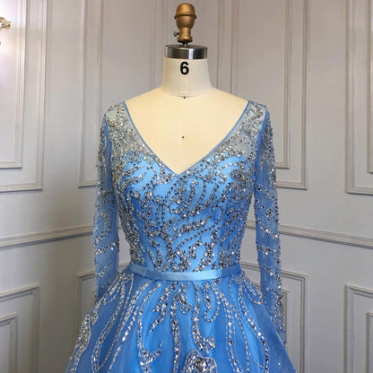 Vestidos de noche árabes azules de corte A, de lujo, con cuentas y mangas largas, para mujer, fiesta, LA71596 
