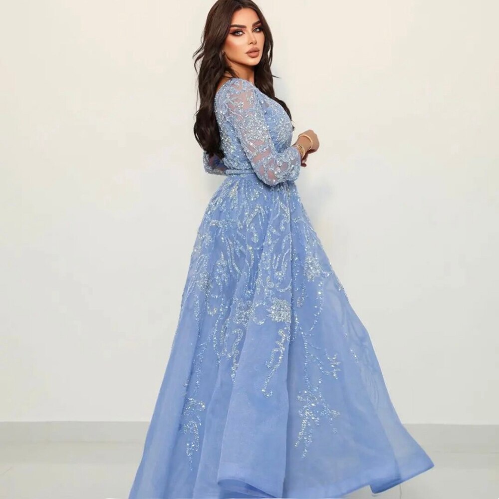 Vestidos de noche árabes azules de corte A, de lujo, con cuentas y mangas largas, para mujer, fiesta, LA71596 