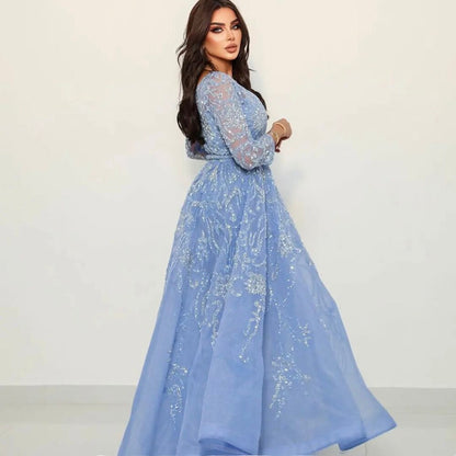 Vestidos de noche árabes azules de corte A, de lujo, con cuentas y mangas largas, para mujer, fiesta, LA71596 