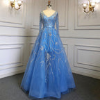 Arabic Blue A-Line Evening Dresses Gowns Luxury Beaded Long Sleeves 2025 For Woman Party LA71596