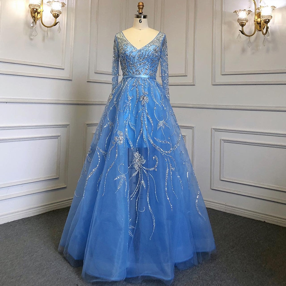 Vestidos de noche árabes azules de corte A, de lujo, con cuentas y mangas largas, para mujer, fiesta, LA71596 