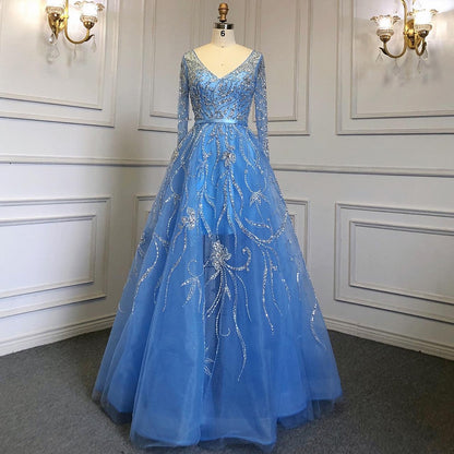 Vestidos de noche árabes azules de corte A, de lujo, con cuentas y mangas largas, para mujer, fiesta, LA71596 