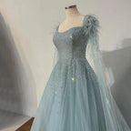 Arabic Blue A Line Feathers Cape Sleeves Beaded Luxury Saudi Evening Dresses Gowns for Formal Occasion 2025 LA71782A