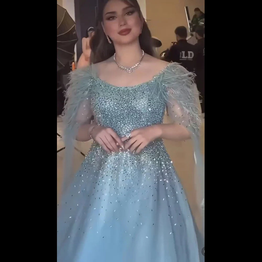 Arabic Blue A Line Feathers Cape Sleeves Beaded Luxury Saudi Evening Dresses Gowns for Formal Occasion 2025 LA71782A