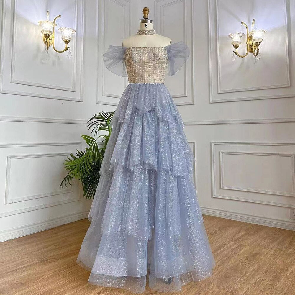 Arabic Blue A-Line Sexy Boat Neck Beaded Lace Up Luxury Dubai Evening Dresses Gowns 2025 For Women Party LA71898