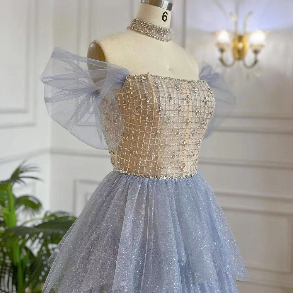 Vestido de noche árabe azul corte A sexy con cuello barco, cuentas y cordones, de lujo, estilo Dubái, para mujer, fiesta, LA71898 