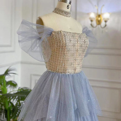 Vestido de noche árabe azul corte A sexy con cuello barco, cuentas y cordones, de lujo, estilo Dubái, para mujer, fiesta, LA71898 