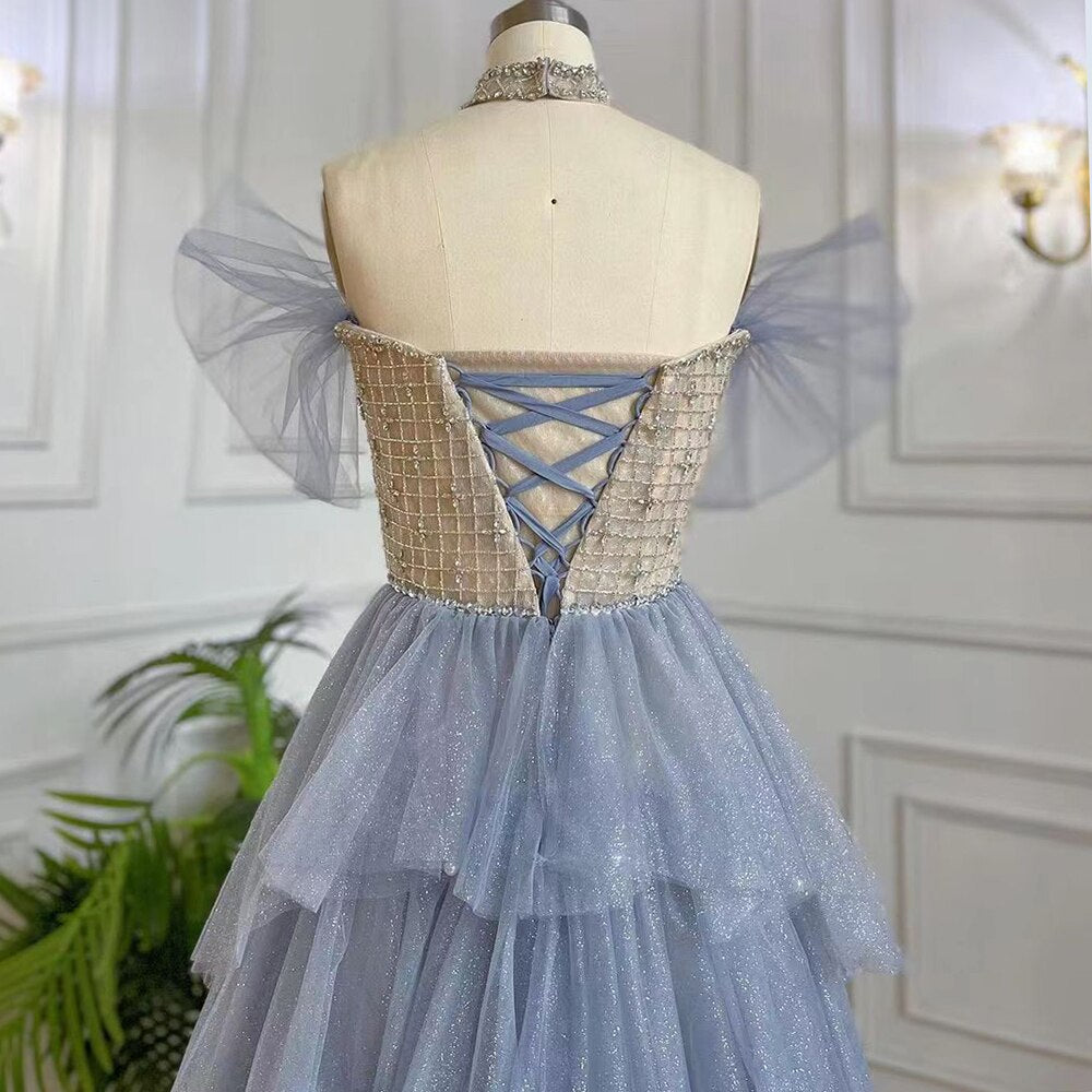 Vestido de noche árabe azul corte A sexy con cuello barco, cuentas y cordones, de lujo, estilo Dubái, para mujer, fiesta, LA71898 