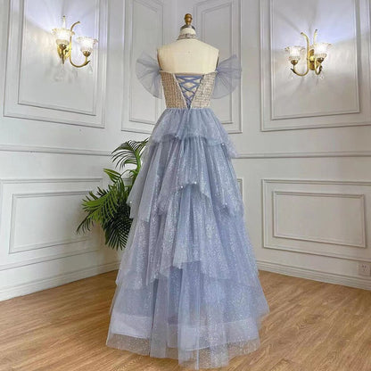 Vestido de noche árabe azul corte A sexy con cuello barco, cuentas y cordones, de lujo, estilo Dubái, para mujer, fiesta, LA71898 