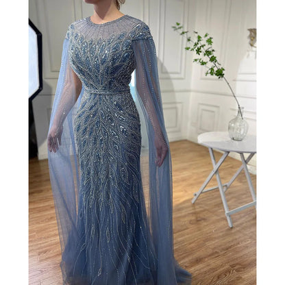 Luxuriöses arabisches blaues Meerjungfrau-Abendkleid mit Cape-Ärmeln LA71999