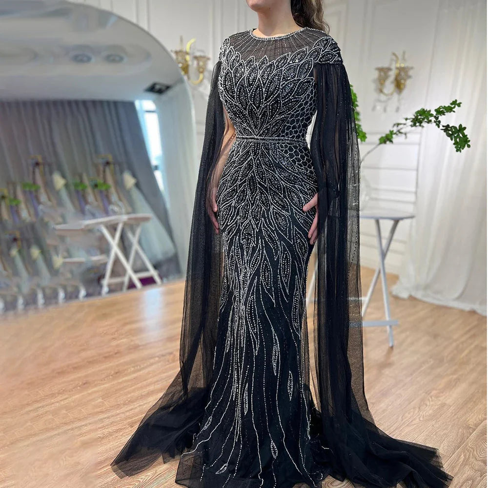 Luxuriöses arabisches blaues Meerjungfrau-Abendkleid mit Cape-Ärmeln LA71999