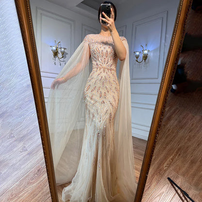 Luxuriöses arabisches blaues Meerjungfrau-Abendkleid mit Cape-Ärmeln LA71999