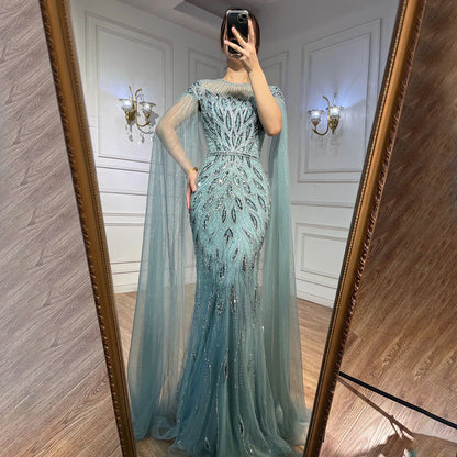 Luxuriöses arabisches blaues Meerjungfrau-Abendkleid mit Cape-Ärmeln LA71999