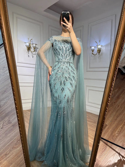 Luxuriöses arabisches blaues Meerjungfrau-Abendkleid mit Cape-Ärmeln LA71999