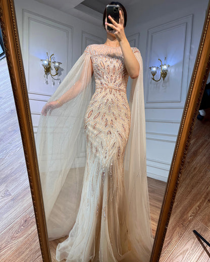 Luxuriöses arabisches blaues Meerjungfrau-Abendkleid mit Cape-Ärmeln LA71999