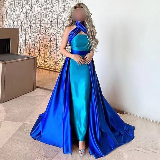 Blaues kontrasttürkises Abendkleid mit Überrock LA72197