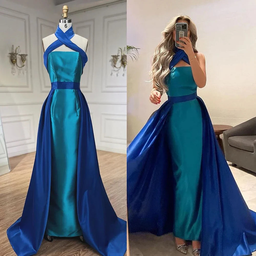Blaues kontrasttürkises Abendkleid mit Überrock LA72197