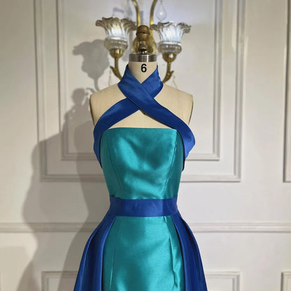 Blaues kontrasttürkises Abendkleid mit Überrock LA72197
