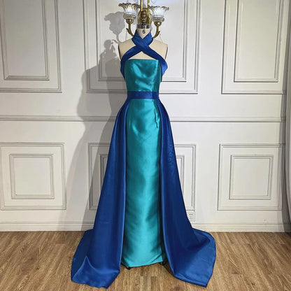 Blaues kontrasttürkises Abendkleid mit Überrock LA72197