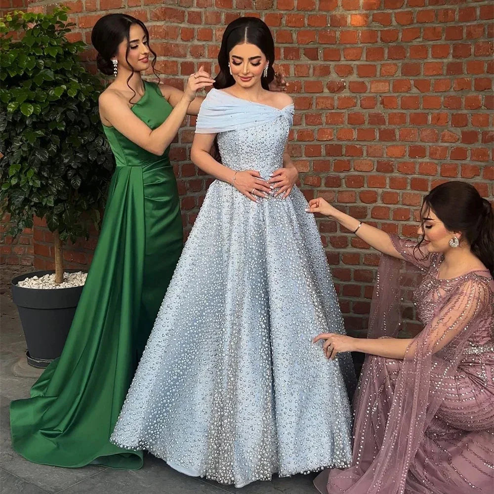 Arabic Blue Elegant A Line Floor Length Luxury Evening Dresses Gowns Beaded For Women Wedding Party 2025 LA72208