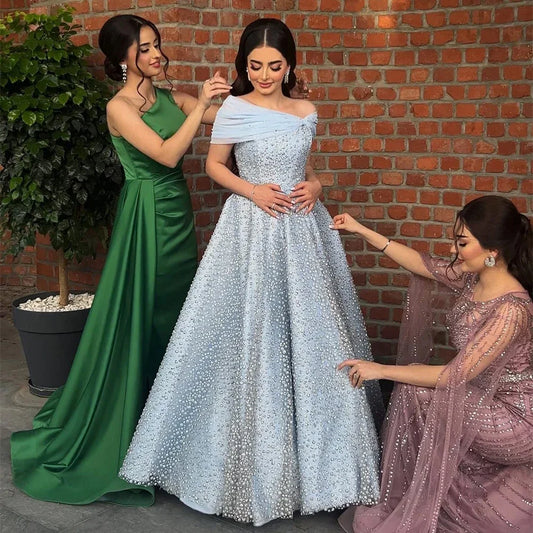 Vestido de noche elegante azul árabe, corte A, largo hasta el suelo, de lujo, con cuentas, para mujer, boda, fiesta, 2025, LA72208 