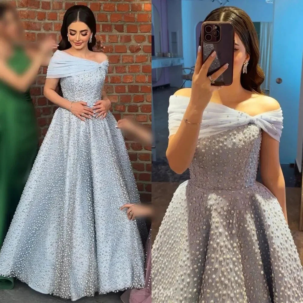 Vestido de noche elegante azul árabe, corte A, largo hasta el suelo, de lujo, con cuentas, para mujer, boda, fiesta, 2025, LA72208 