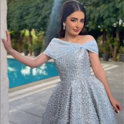 Vestido de noche elegante azul árabe, corte A, largo hasta el suelo, de lujo, con cuentas, para mujer, boda, fiesta, 2025, LA72208 
