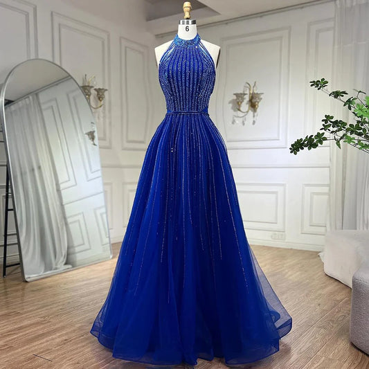 Vestido de noche elegante azul árabe de corte A, de lujo, estilo Dubái, con lentejuelas, cuentas y borlas, vestido formal estilo halter 2025 LA72227 
