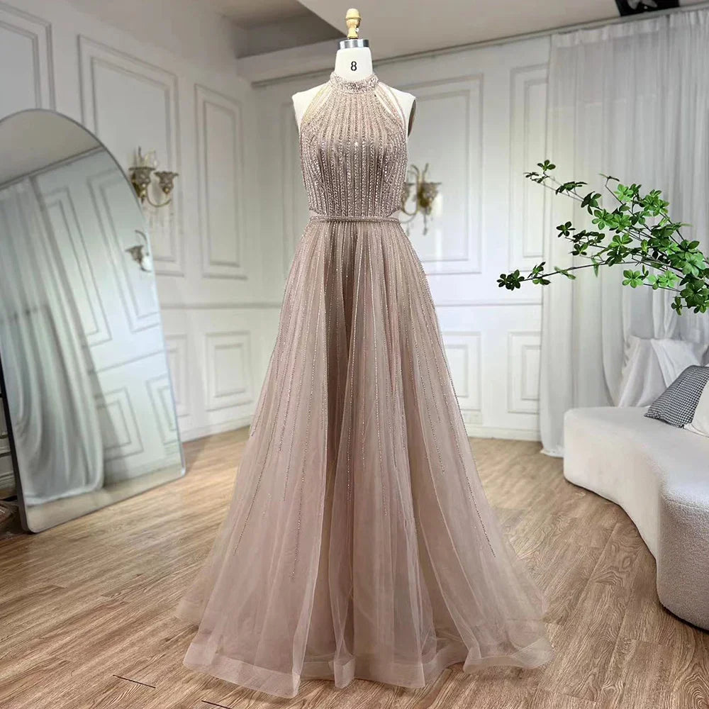 Vestido de noche elegante azul árabe de corte A, de lujo, estilo Dubái, con lentejuelas, cuentas y borlas, vestido formal estilo halter 2025 LA72227 