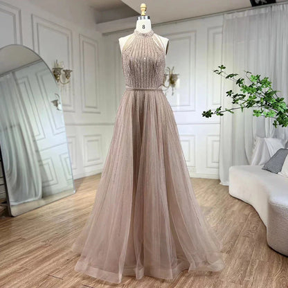 Vestido de noche elegante azul árabe de corte A, de lujo, estilo Dubái, con lentejuelas, cuentas y borlas, vestido formal estilo halter 2025 LA72227 