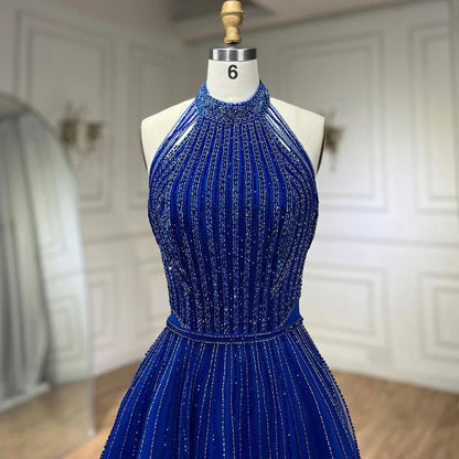 Vestido de noche elegante azul árabe de corte A, de lujo, estilo Dubái, con lentejuelas, cuentas y borlas, vestido formal estilo halter 2025 LA72227 