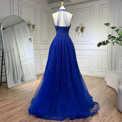 Vestido de noche elegante azul árabe de corte A, de lujo, estilo Dubái, con lentejuelas, cuentas y borlas, vestido formal estilo halter 2025 LA72227 