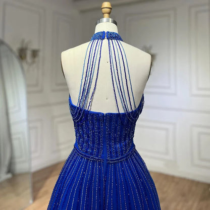 Vestido de noche elegante azul árabe de corte A, de lujo, estilo Dubái, con lentejuelas, cuentas y borlas, vestido formal estilo halter 2025 LA72227 