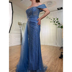 Arabic Blue Elegant Mermaid Sexy High Split Beaded Luxury Evening Dresses Gowns 2025 For Women Wedding Party LA71934