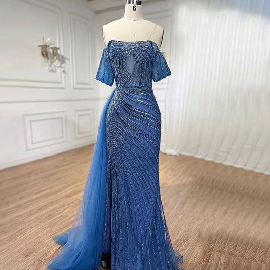 Vestido de noche elegante de sirena azul árabe, sexy, con abertura alta y cuentas, de lujo, para mujer, para fiesta de boda, LA71934 