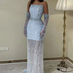 Hellblaue Perlen Luxus Dubai Abendkleider Elegantes trägerloses LA71950A