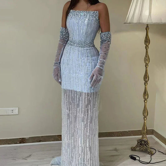 Hellblaue Perlen Luxus Dubai Abendkleider Elegantes trägerloses LA71950A