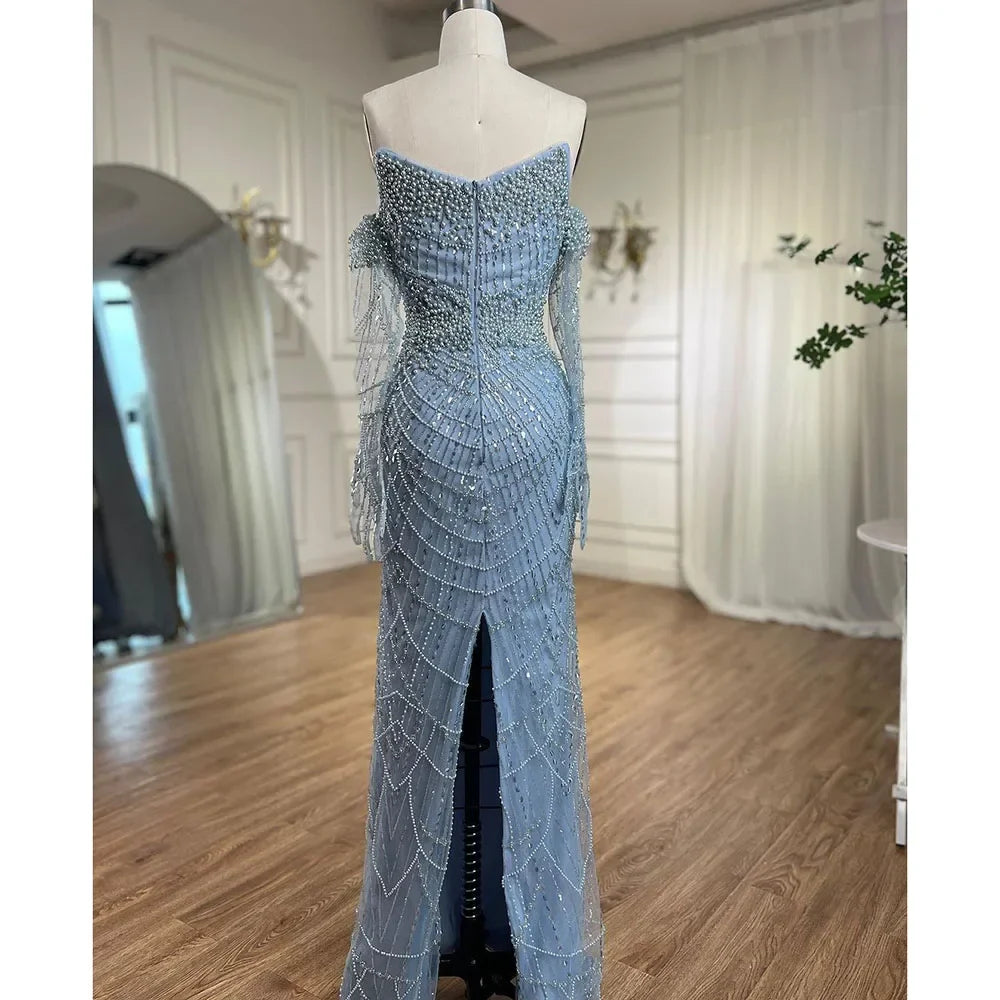 Hellblaue Perlen Luxus Dubai Abendkleider Elegantes trägerloses LA71950A