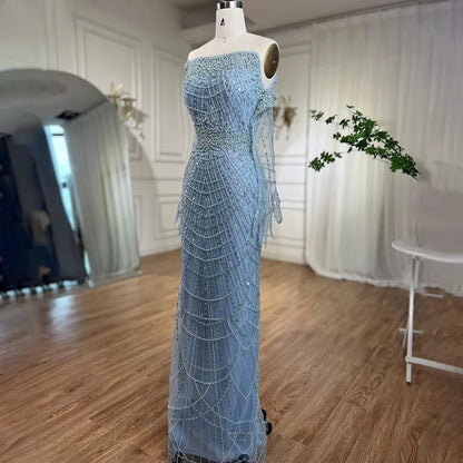 Hellblaue Perlen Luxus Dubai Abendkleider Elegantes trägerloses LA71950A