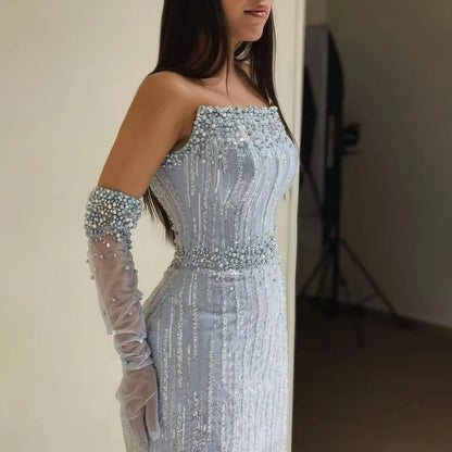 Hellblaue Perlen Luxus Dubai Abendkleider Elegantes trägerloses LA71950A