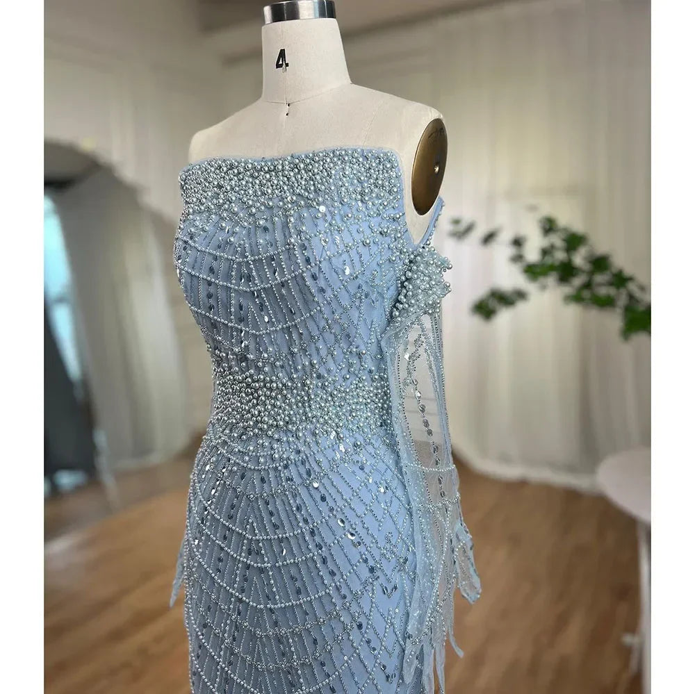 Hellblaue Perlen Luxus Dubai Abendkleider Elegantes trägerloses LA71950A