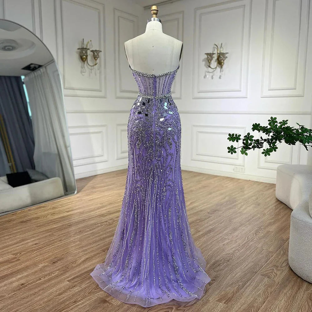 Arabic Blue Elegant Strapless Mermaid Beaded Luxury Dubai Evening Dresses Gowns 2025 for Women's Party LA72328