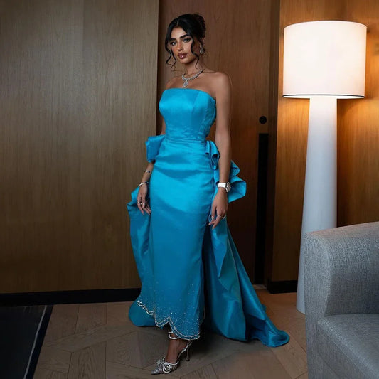 Vestido de noche elegante azul árabe, largo hasta la rodilla, sirena, sin tirantes, con cuentas, para mujer, boda, fiesta, 2025, LA72485 