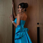 Vestido de noche elegante azul árabe, largo hasta la rodilla, sirena, sin tirantes, con cuentas, para mujer, boda, fiesta, 2025, LA72485 